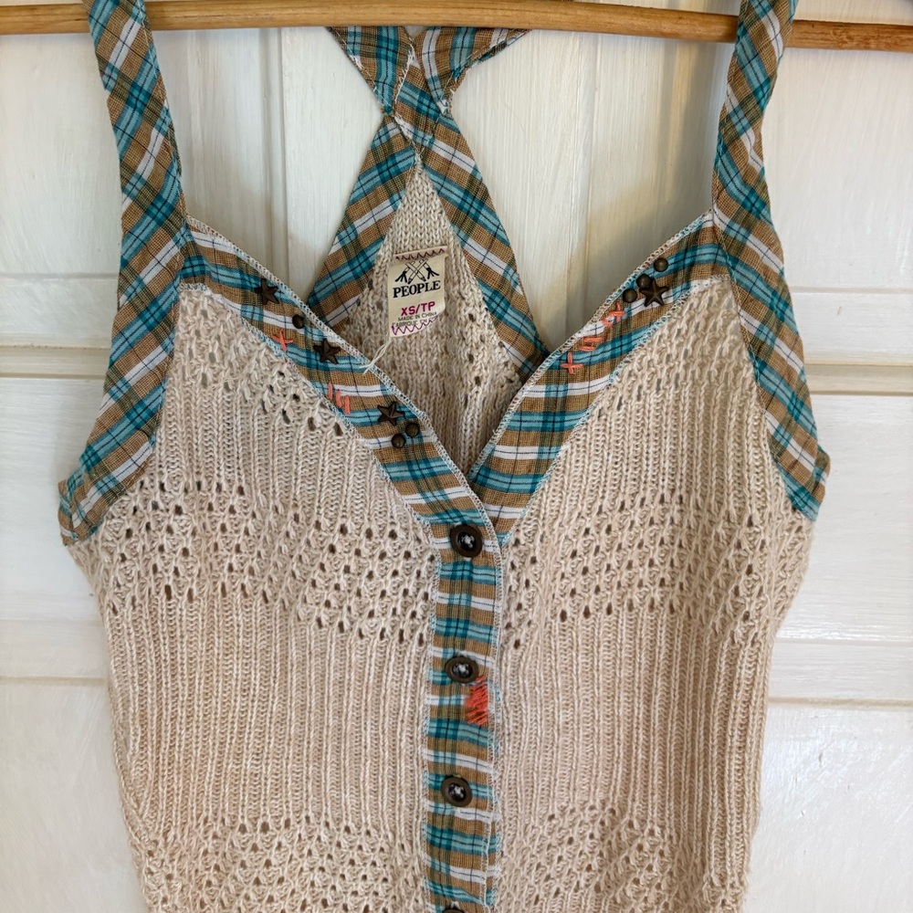 Free People Crochet Knit Button Front Racerback Boho Tank Top